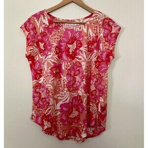 Sigrid Olsen 100%  Linen  Tropical Floral Top Sz M Beach Coastal Vacation Boho